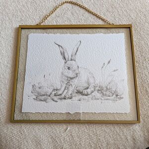 Gold Framed Bunny Sketch Wall Hanging - Neutral Holiday Decor
